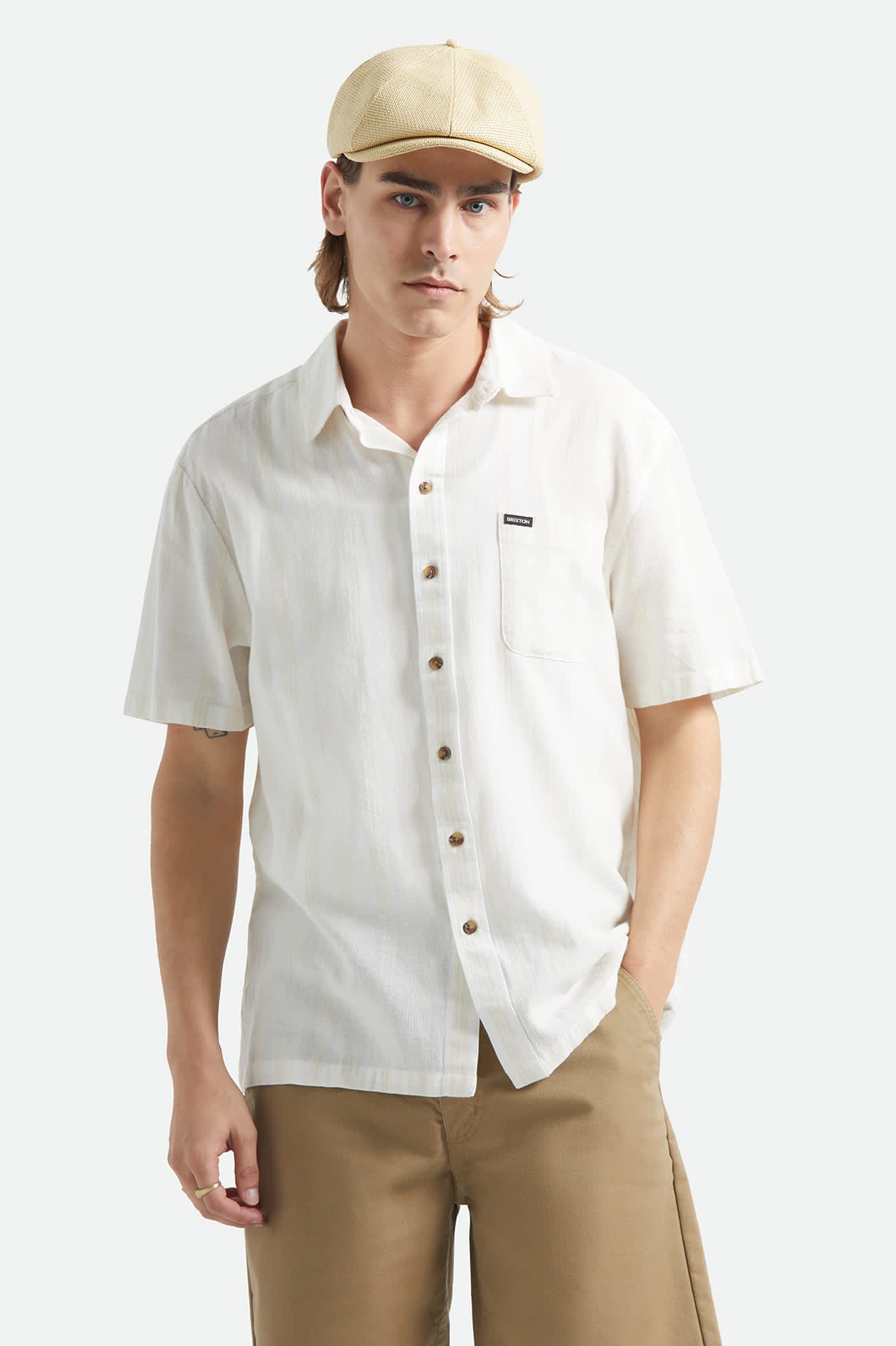 Men's Charter Stripped Dobby Short Sleeve Shirt in the color Off White - Men's Front View