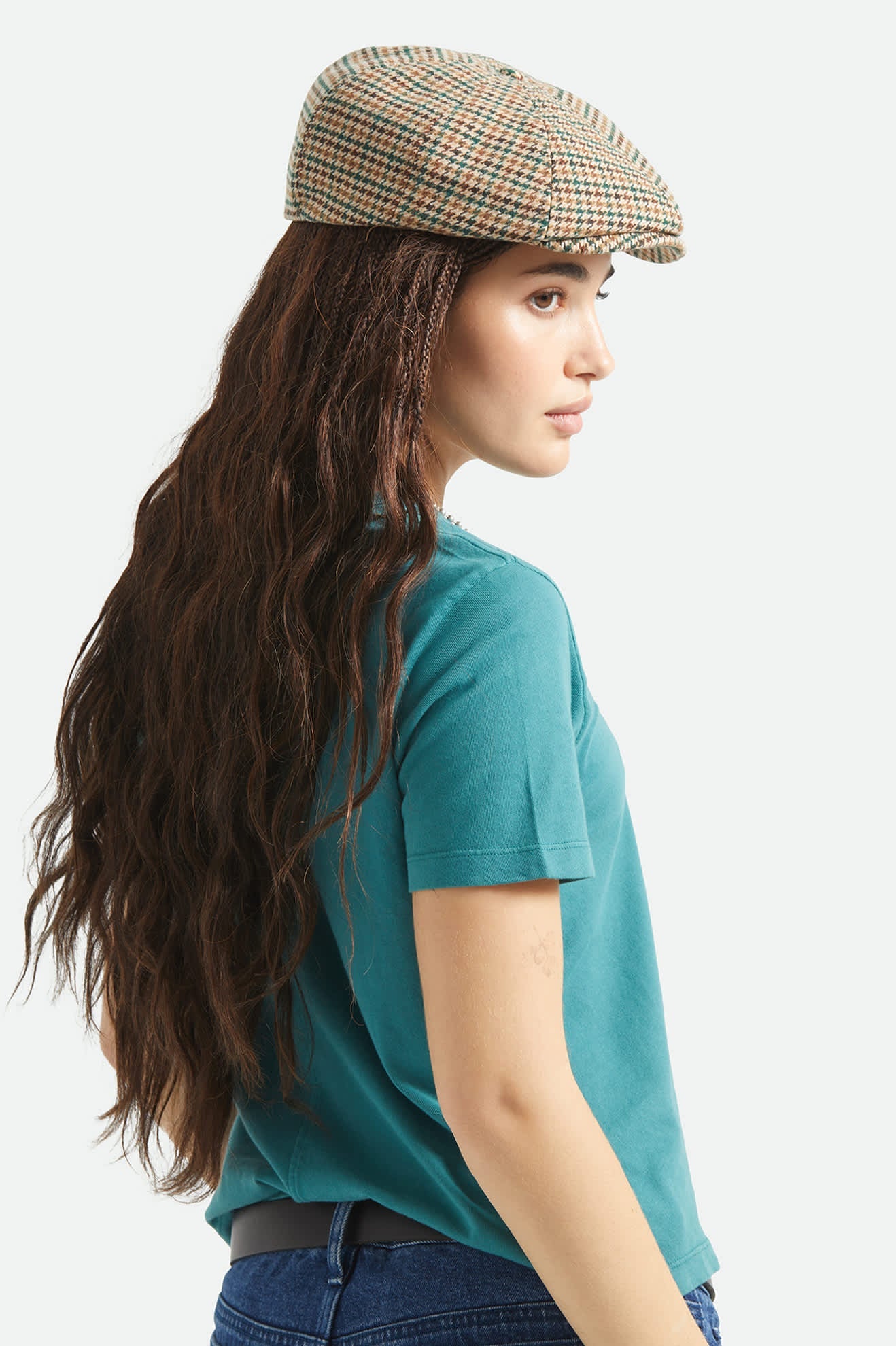 Unisex Brood Newsboy Cap in the color Dusted Ochre/Khaki/Verdant Green - Women's Back View