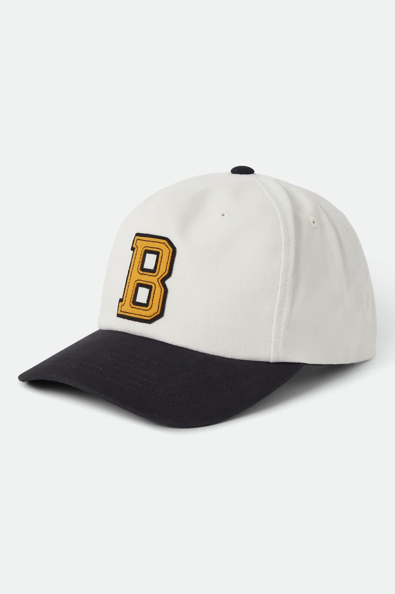 Unisex Big B Adjustable Hat in the color Off White/Black/Mustard - Front Product Laydown Image