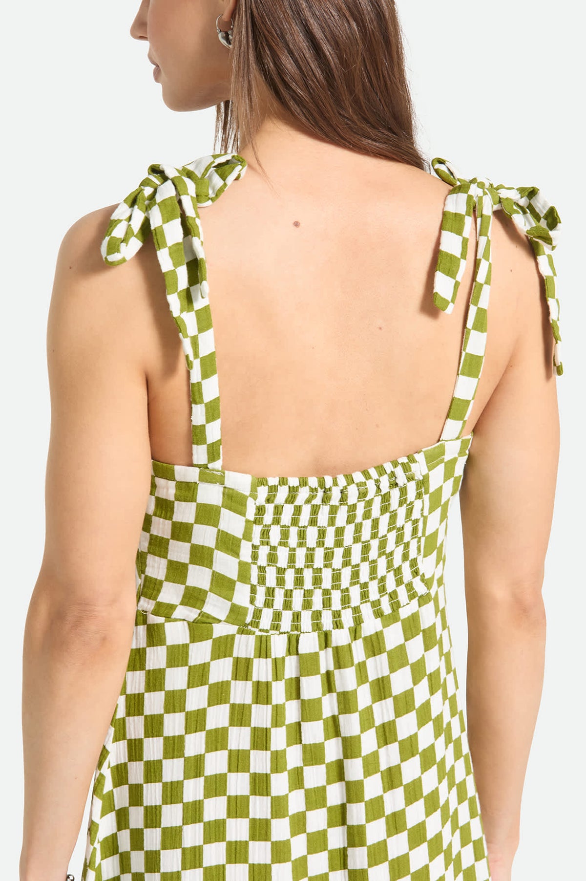 Women's The Tie Dress in the color Sublime Green Checkerboard - Women's Back View