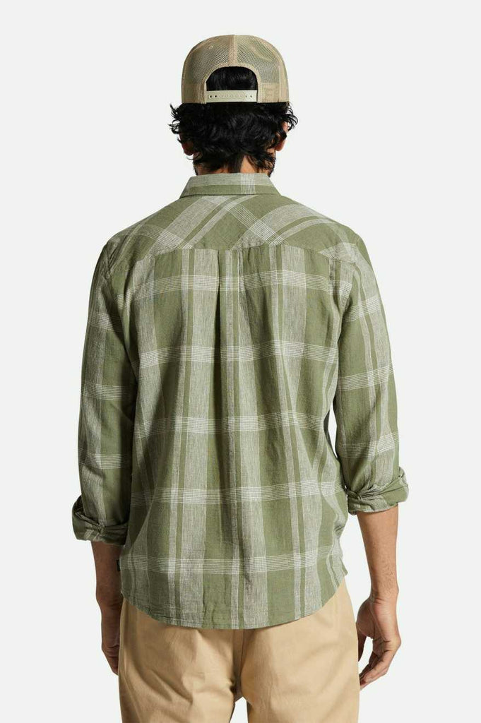 Men's Fit, Back View | Memphis Linen Blend L/S Woven Shirt - Olive Surplus/Whitecap