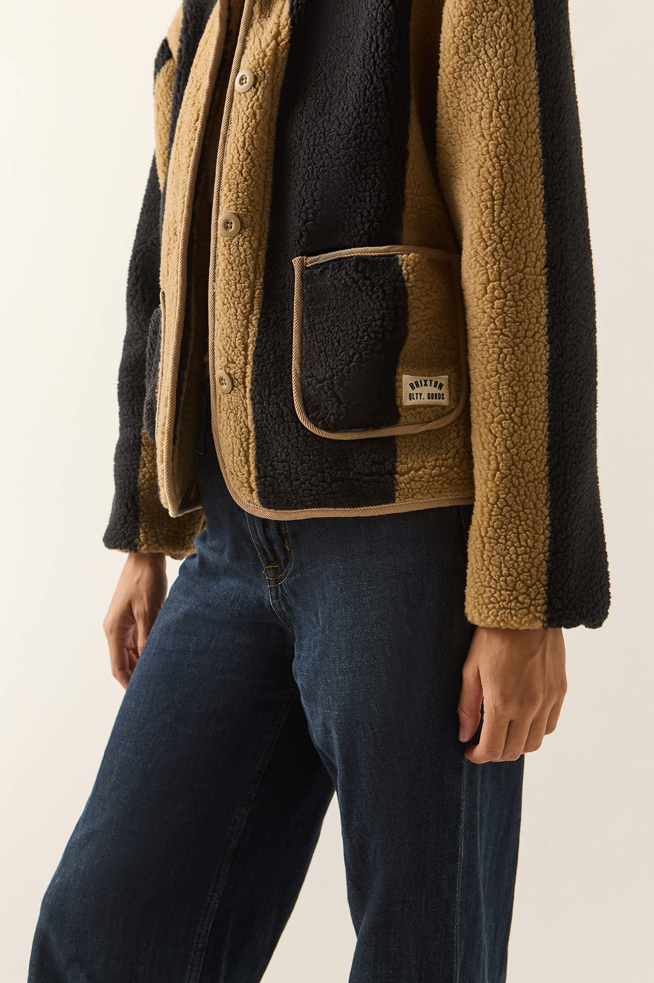 Women's Delilah Sherpa Jacket in the color Khaki/Black Stripe - Women's Side View