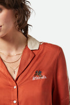 Women's Silky S/S Bowling Button Down in the color Burnt Brick - Additional Fit image