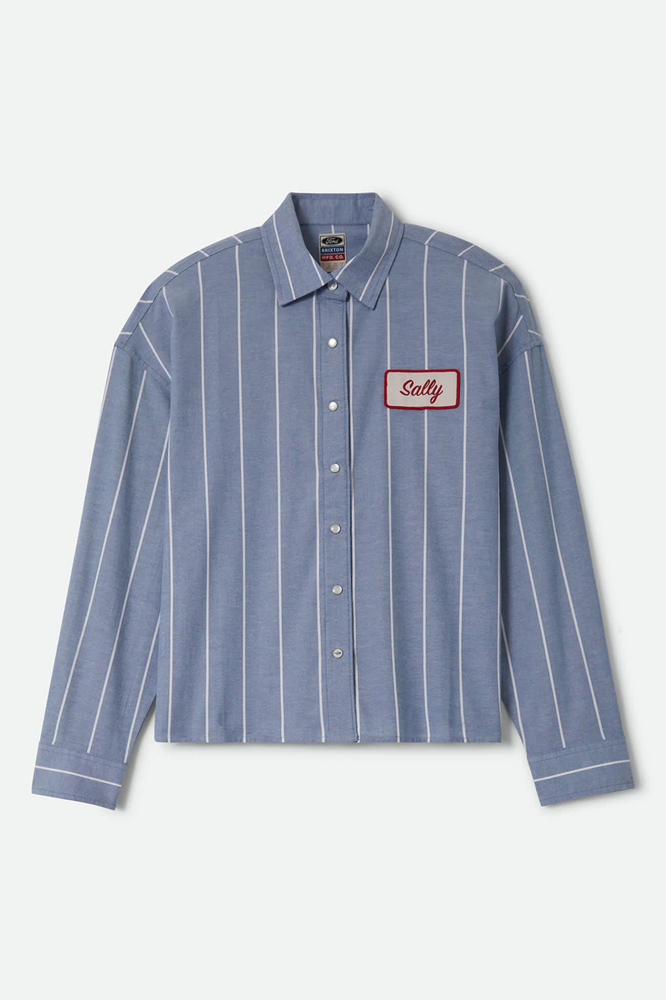Women's Ford Mustang Sally Shirt in the color Blue Chambray/Stripe - Front Product Laydown Image