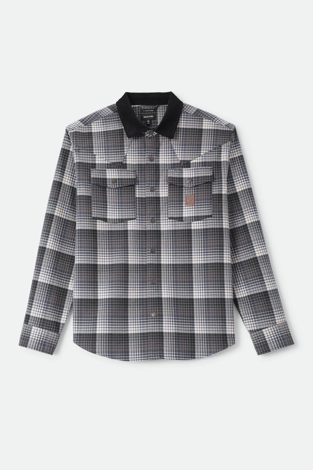 Men's Bowery Builders Ranch Performance Flannel in the color Black/Navy - Front Product Laydown Image
