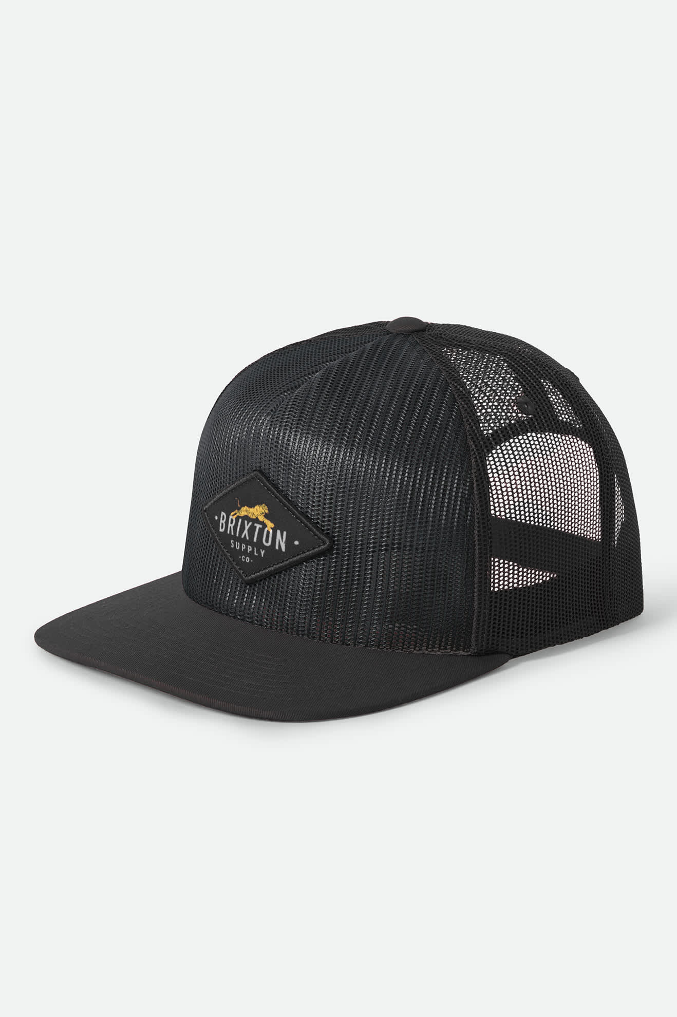 Unisex Leaper All Mesh Trucker Hat in the color Black/Black - Front Product Laydown Image