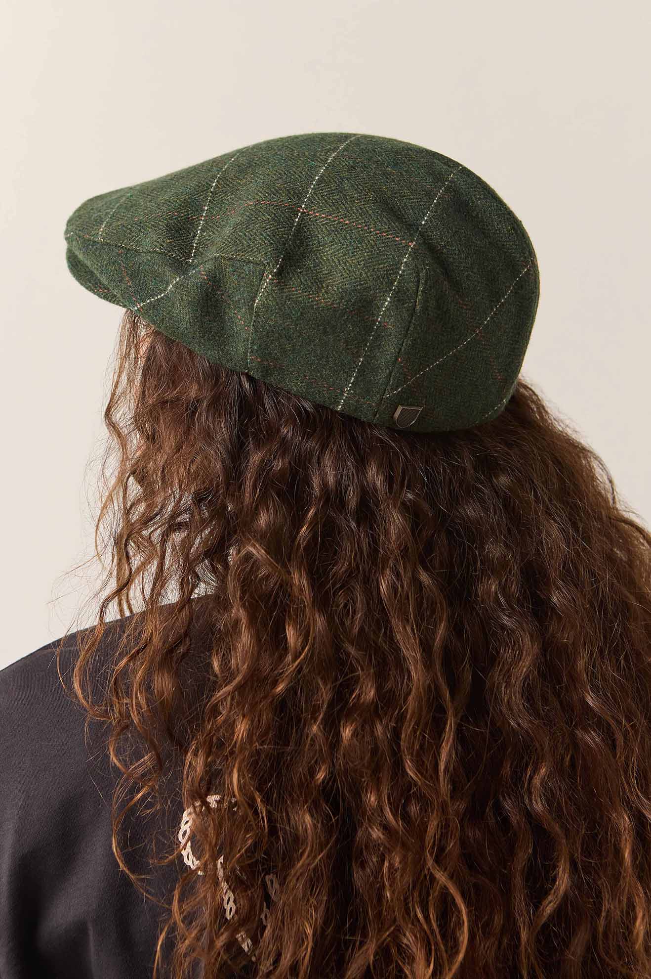 Unisex Hooligan Flat Cap in the color Moss/Orange - Women's Back View