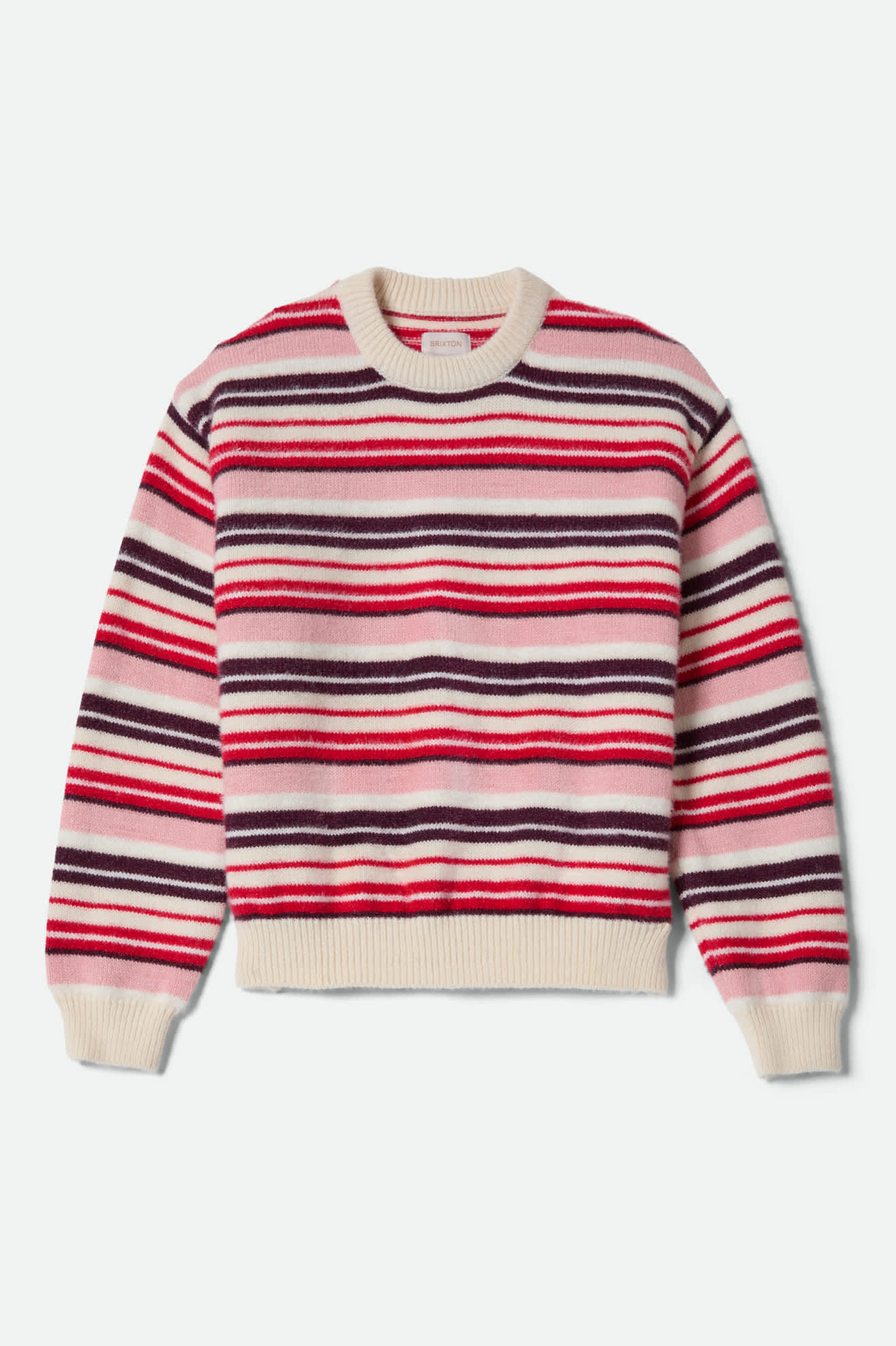 Women's Cozy Crew Sweater in the color Mellow Rose Multi Stripe - Front Product Laydown Image