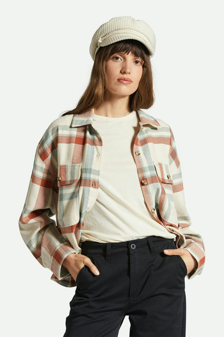 Women's Fit, Front View | Bowery Women's Flannel - White Smoke/Terracotta