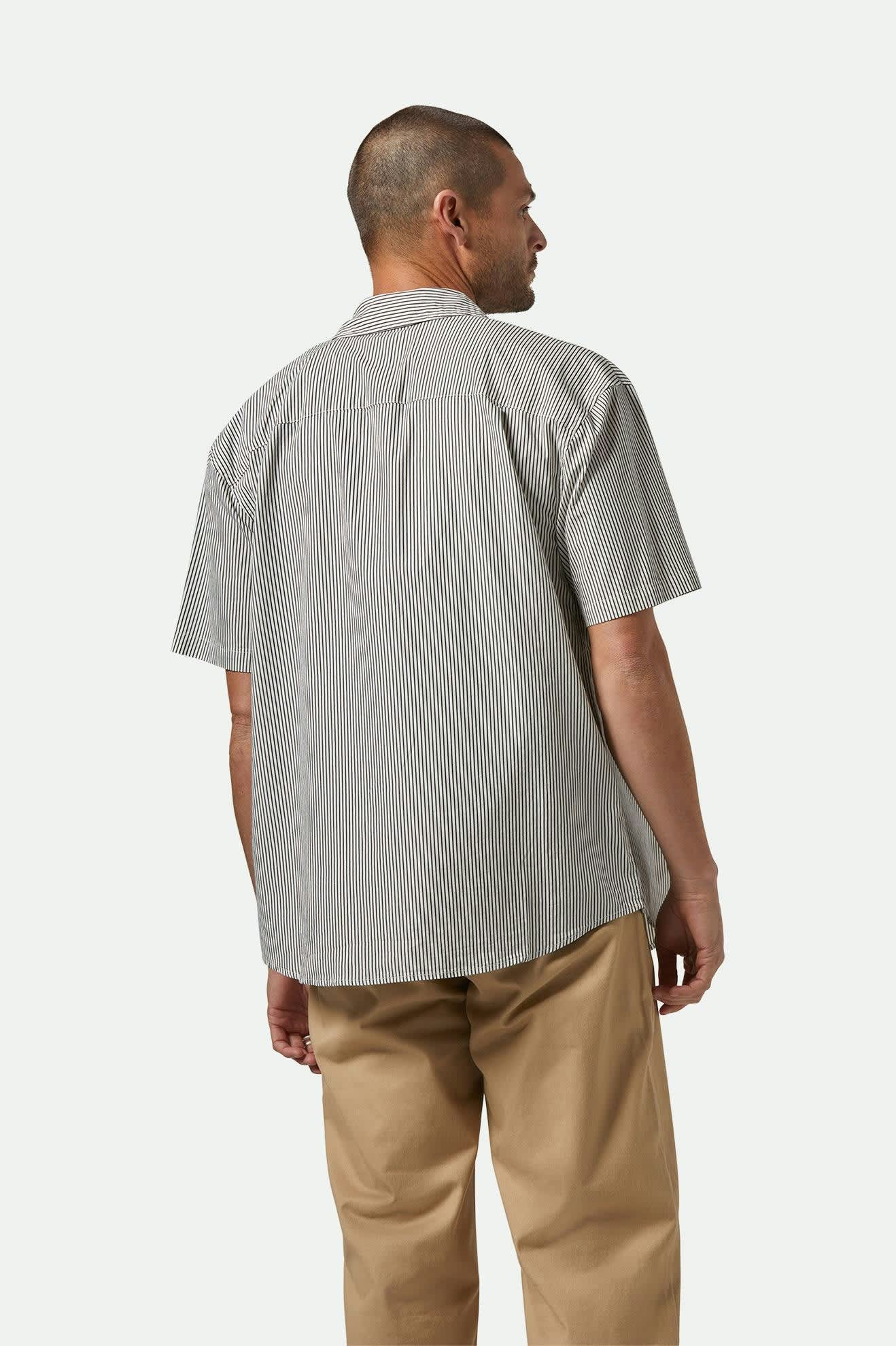 Men's Builders Auto S/S Shirt in the color Black/Off White Stripe - Men's Back View