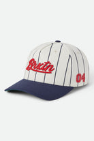 Unisex Jenson Snapback in the color Off White Pinstripe/Classic Navy - Front Product Laydown Image