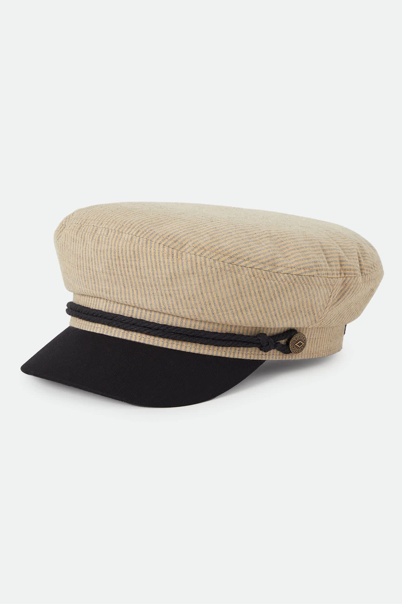 Women's Fiddler Fisherman Cap in the color Khaki Stripe/Washed Black - Front Product Laydown Image