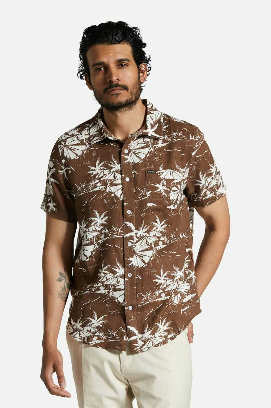 Men's Fit, Front View | Charter Slub S/S Woven Shirt - Sepia Umbrella Scene