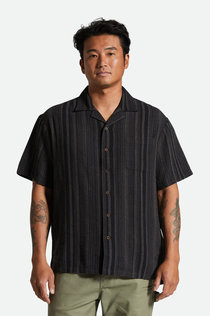 Men's Fit, Front View | Bunker Seersucker S/S Camp Collar Woven Shirt - Black/Charcoal