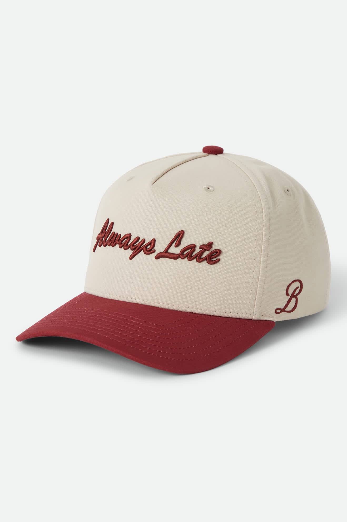 Women's Always Late Snapback in the color Off White/Dark Brick - Front Product Laydown Image