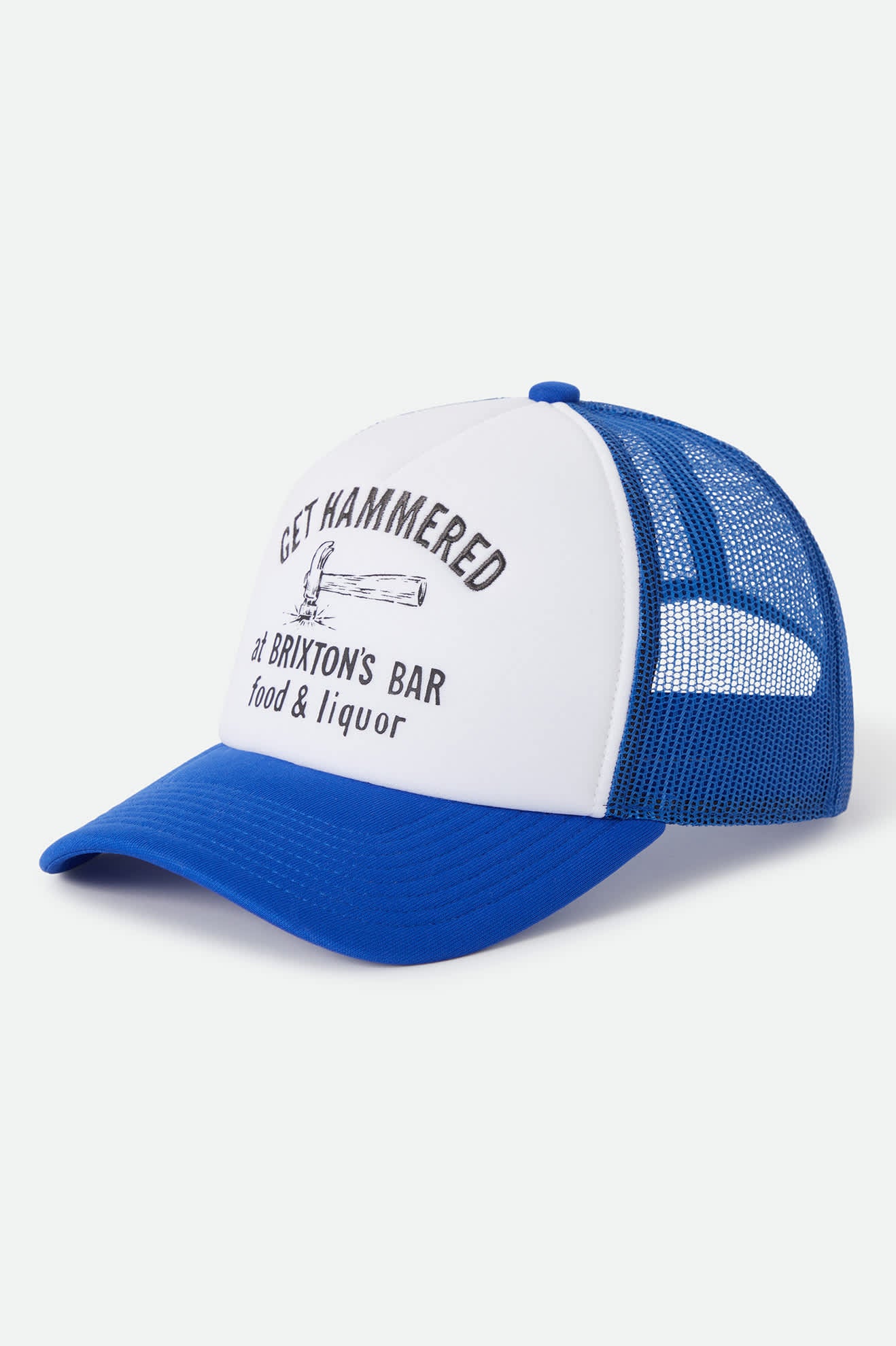 Unisex Metal Trucker Hat in the color Off White/Electric Indigo - Front Product Laydown Image