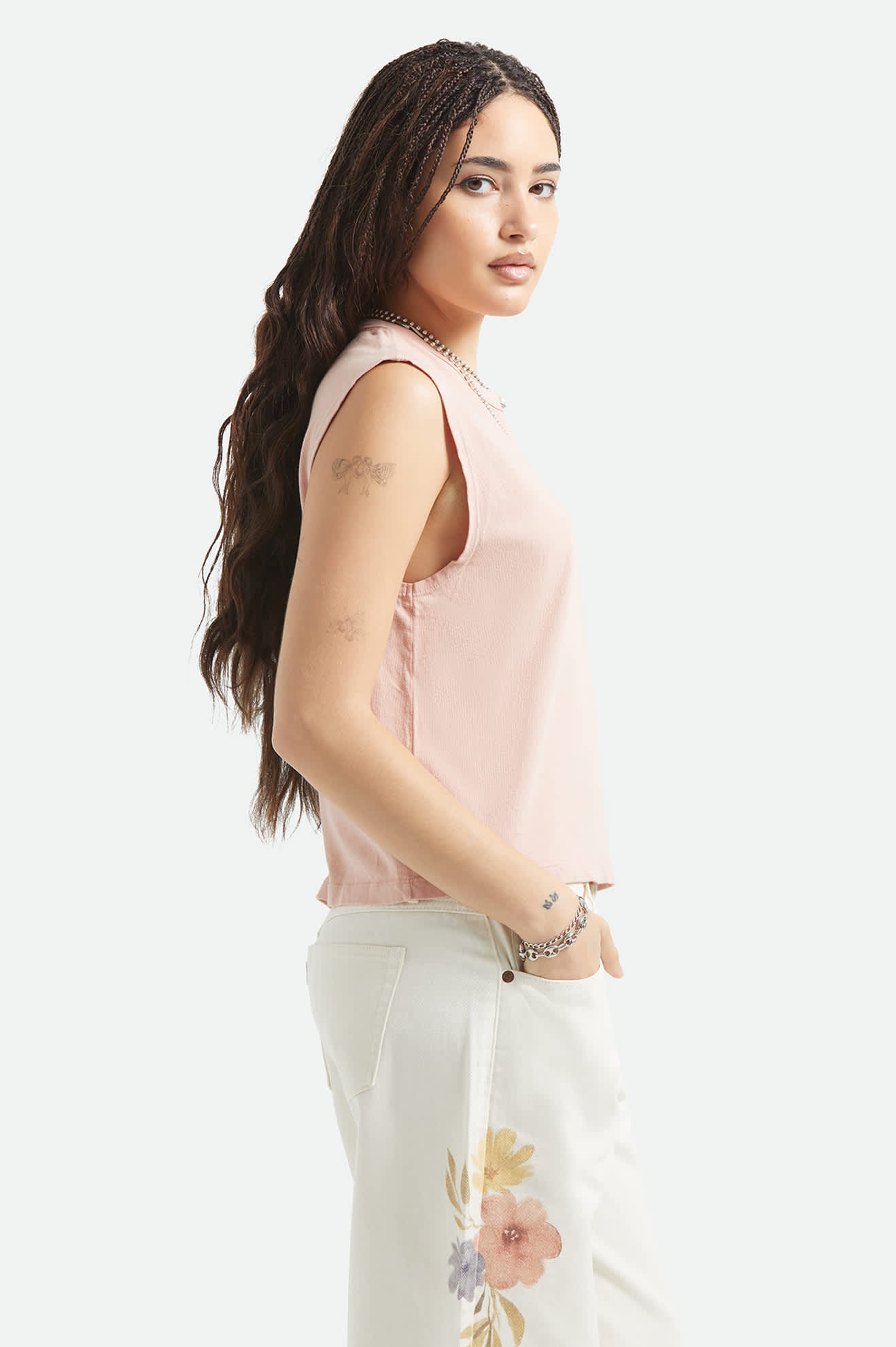 Women's Carefree Organic Garment Dye Muscle Tank in the color Silver Pink - Women's Side View