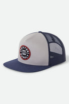 Unisex Oath Trucker Hat in the color Sustained Grey/Washed Navy - Front Product Laydown Image