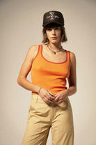 Women's Ringer Organic A-Tank in the color Tangerine/Burnt Brick - Women's Front View