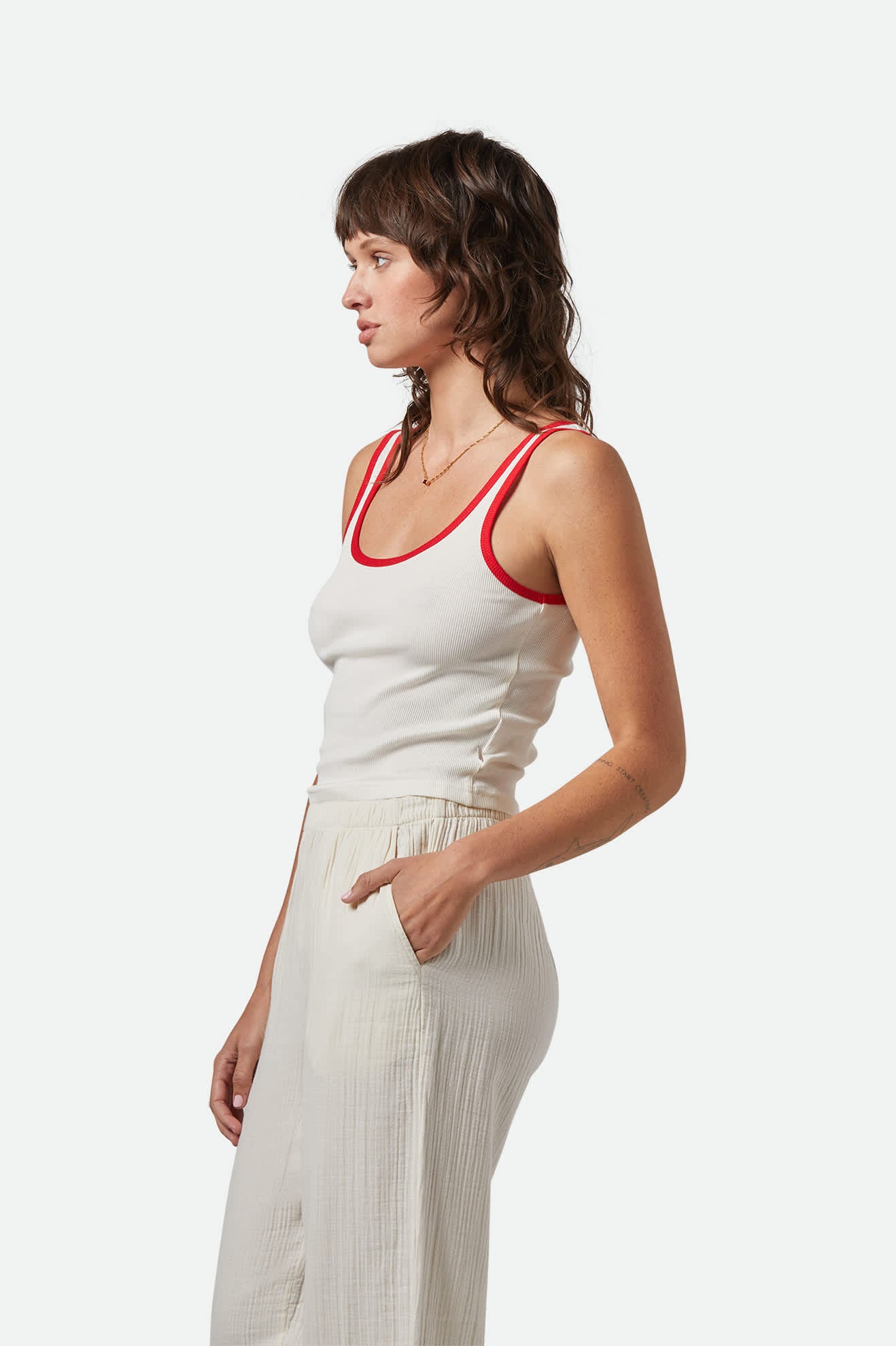 Women's Ringer Organic A-Tank in the color Off White/Crimson - Women's Side View