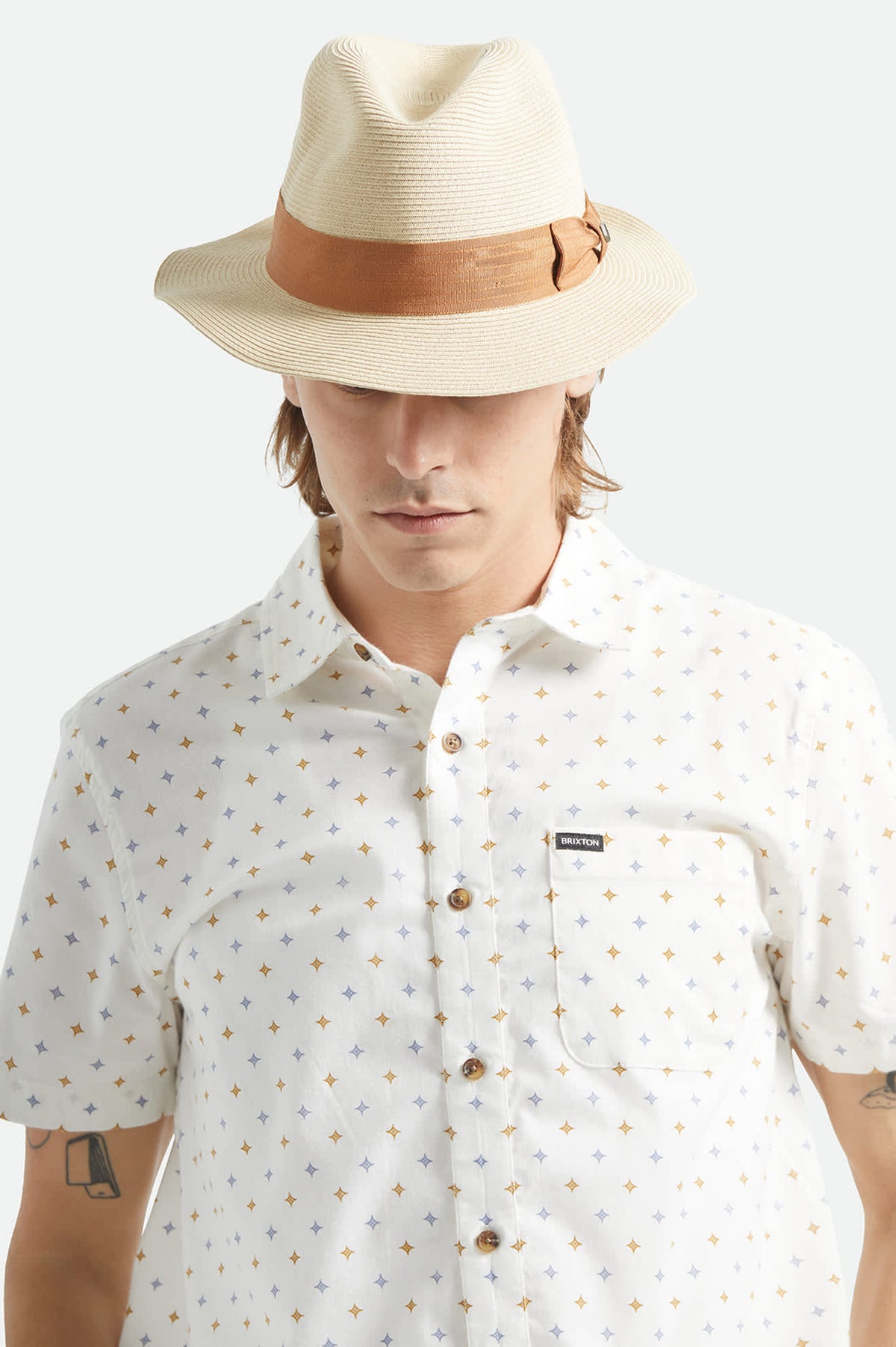 Unisex Roma Straw Packable Fedora in the color Natural/Bronze - Men's Front View