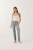 Women's Ringer Organic A-Tank in the color Off White/Black - Women's Front Fit Image