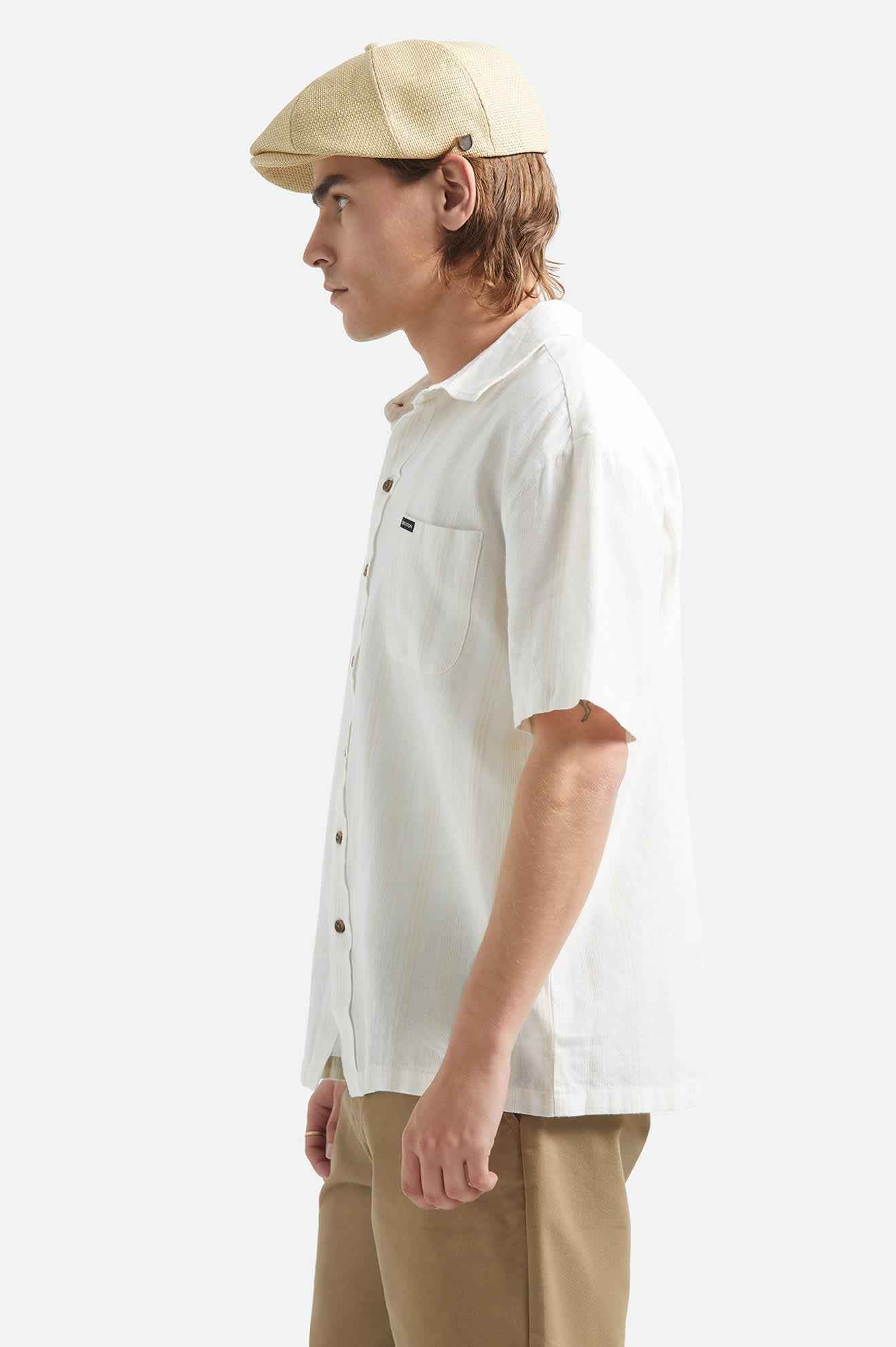 Men's Charter Stripped Dobby Short Sleeve Shirt in the color Off White - Men's Side View