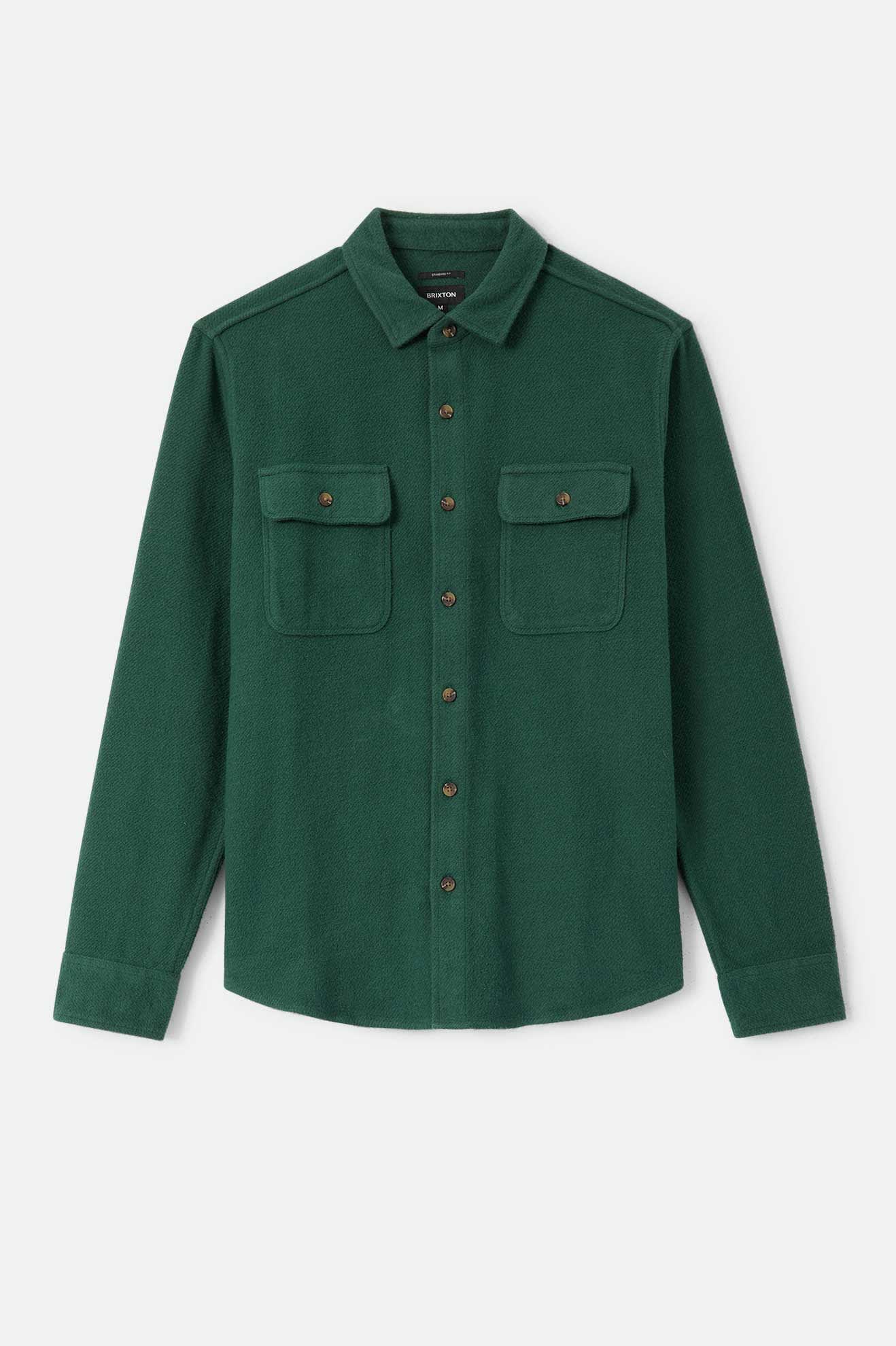 Men's Bowery Textured Twill Overshirt in the color Primal Green - Front Product Laydown Image