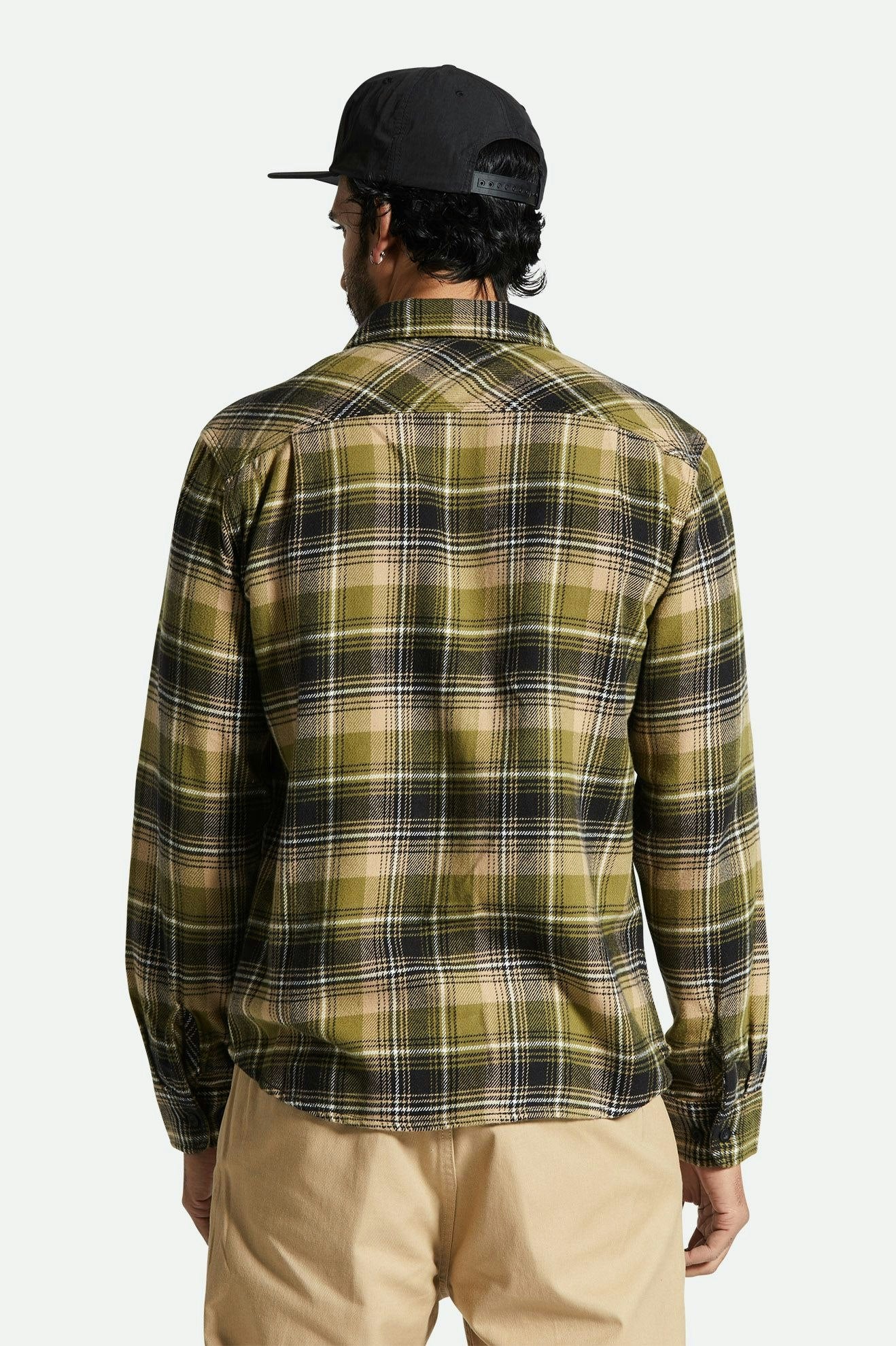 Men's Fit, Back View | Bowery Flannel - Green Kelp/Sand/Black