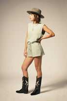 Women's Carefree Organic Garment Dyed Muscle Tank in the color Sage Green - Women's Side View