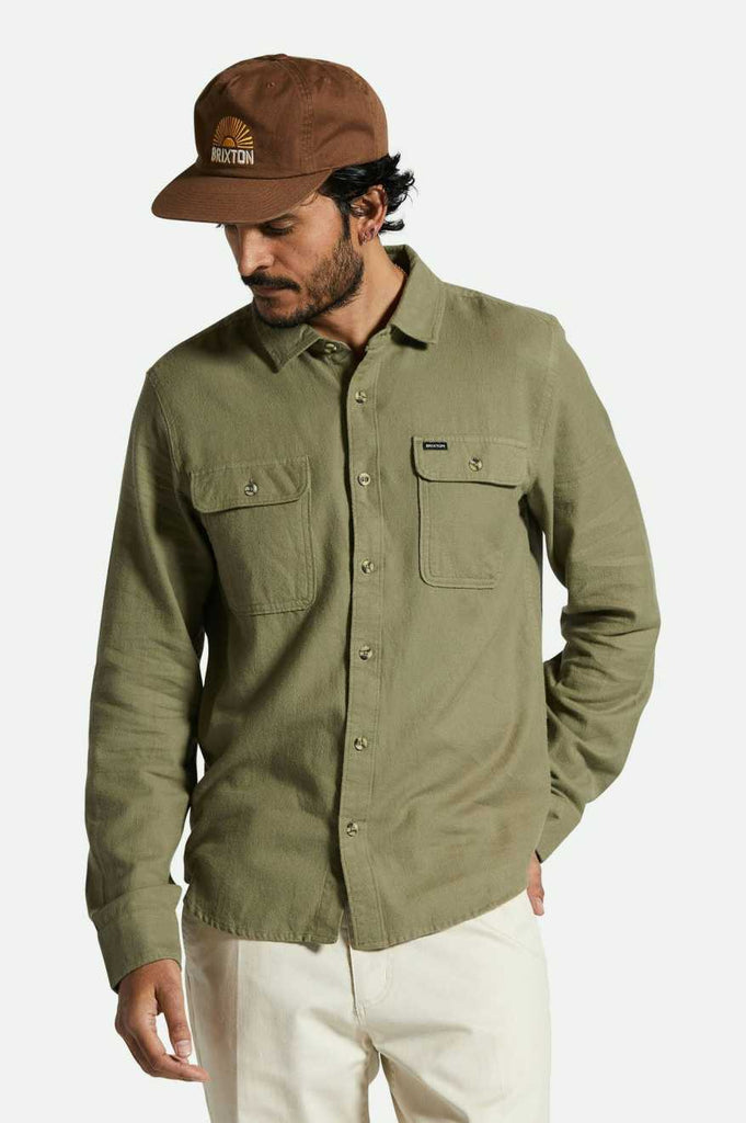 Men's Fit, Front View | Bowery Lightweight Ultra Soft L/S Flannel - Olive Surplus