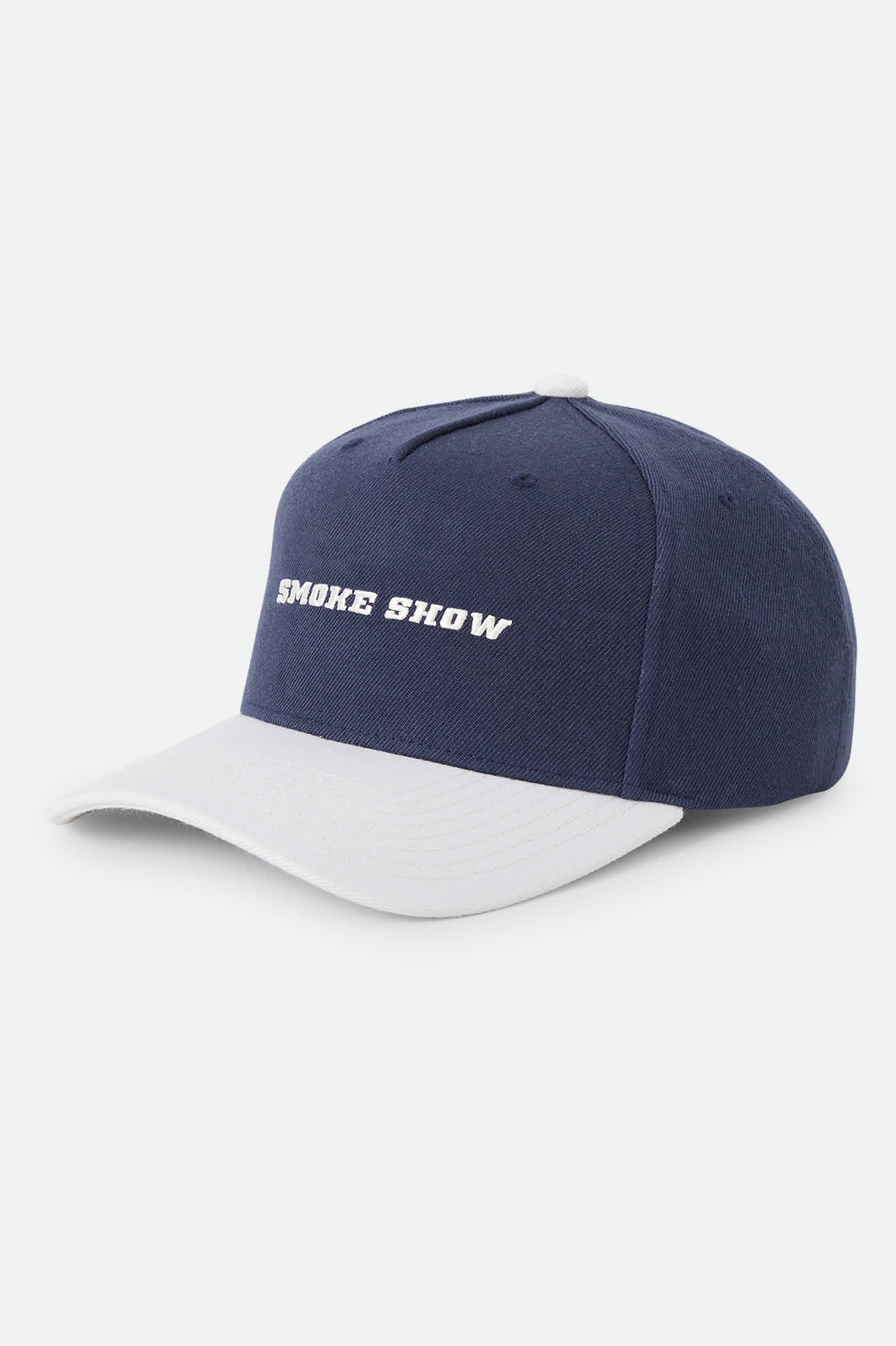 Unisex Smoke Show Snapback in the color Washed Navy/Whitecap - Front Product Laydown Image
