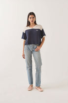 Women's Varsity Mesh T-Shirt in the color Off White/Washed Navy - Women's Front Fit Image