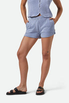 Women's The Weekend Cross Loop French Terry Lounge Short in the color Off White/Electric Indigo - Additional Fit image