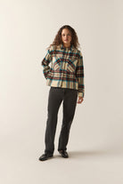 Women's Bowery Women's Soft Brushed Flannel in the color Off White Black/Tranquil Blue - Women's Front Fit Image
