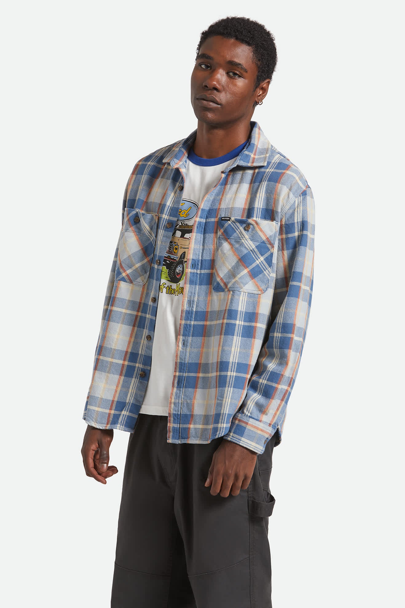 Men's Vintage Wash Flannel in the color Blue/Soft Blue/Orange - Additional Fit image