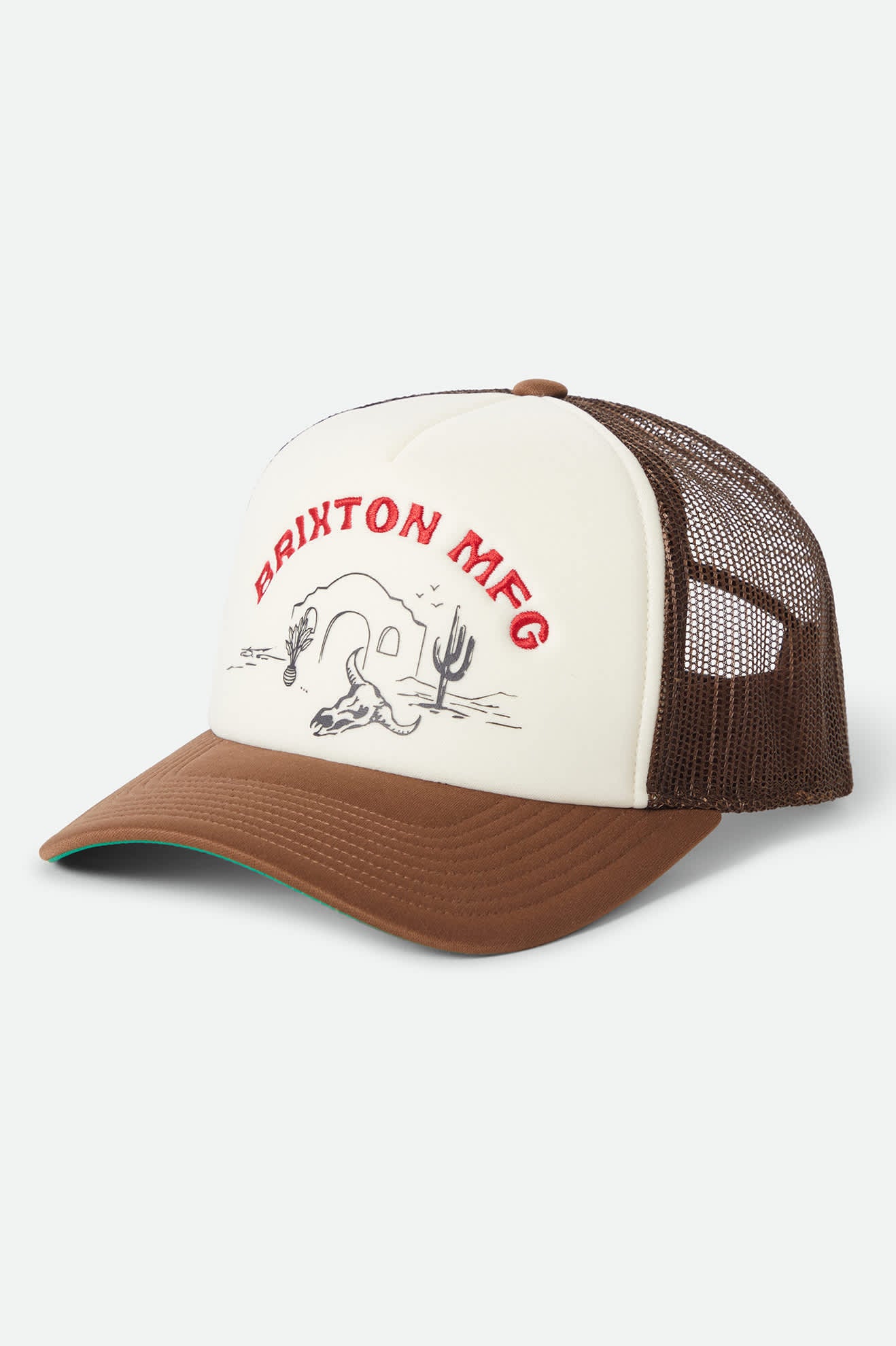 Women's Desert Leisure Netplus Trucker Hat in the color Pinecone Brown/Whitecap - Front Product Laydown Image