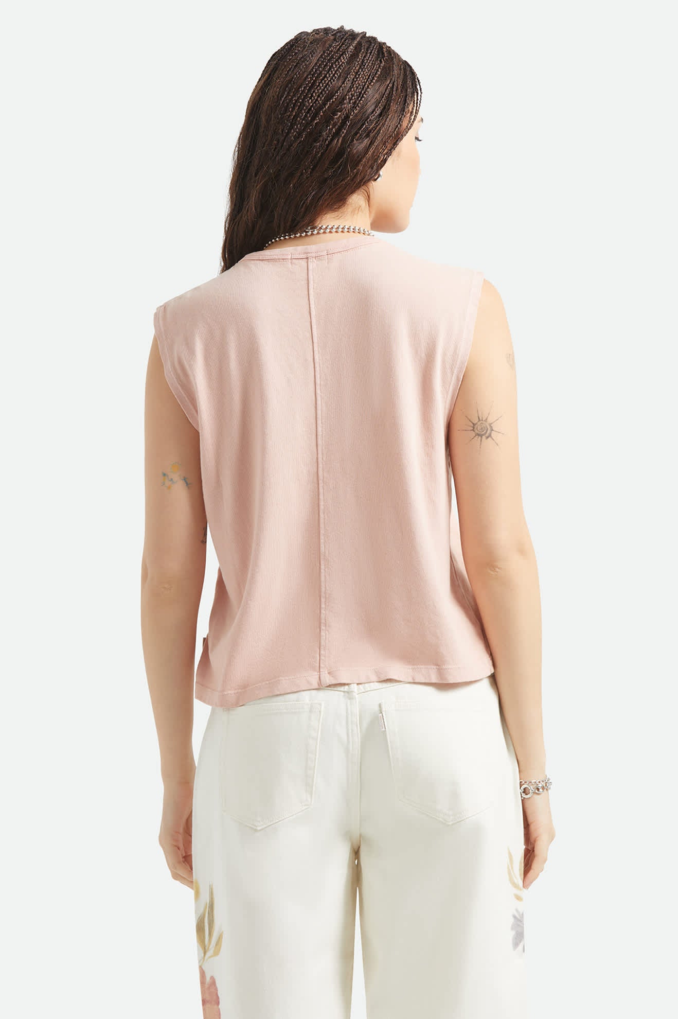 Women's Carefree Organic Garment Dye Muscle Tank in the color Silver Pink - Women's Back View