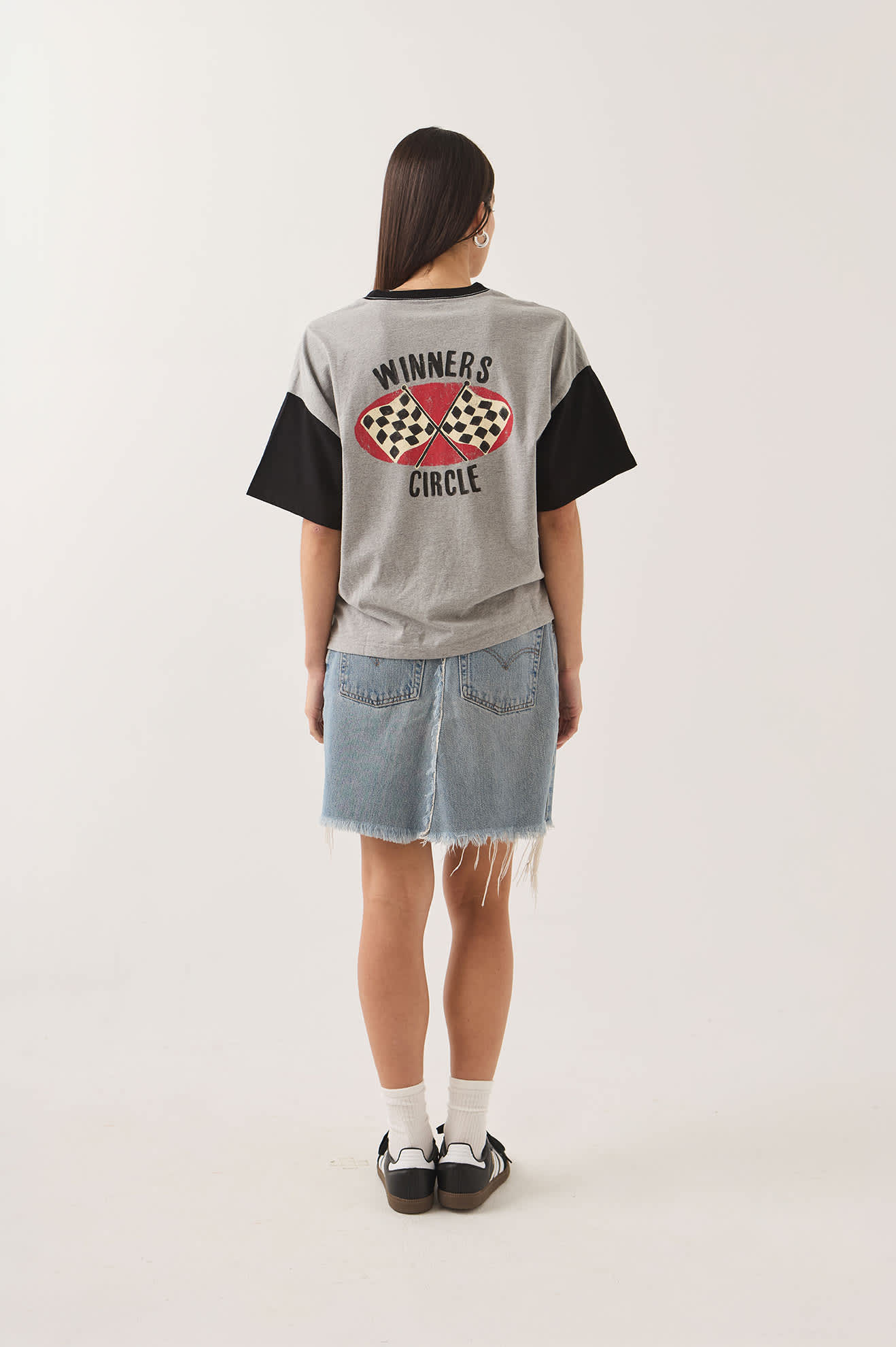 Women's Winners Circle Boxy Football T-Shirt in the color Heather Grey/Black - Women's Back View