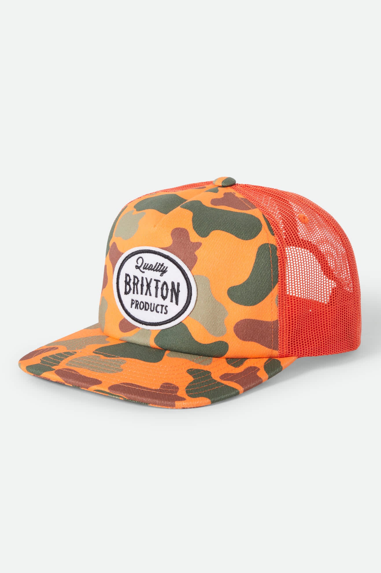 Unisex Henry Trucker Hat in the color Orange Duck Camo/Orange - Front Product Laydown Image