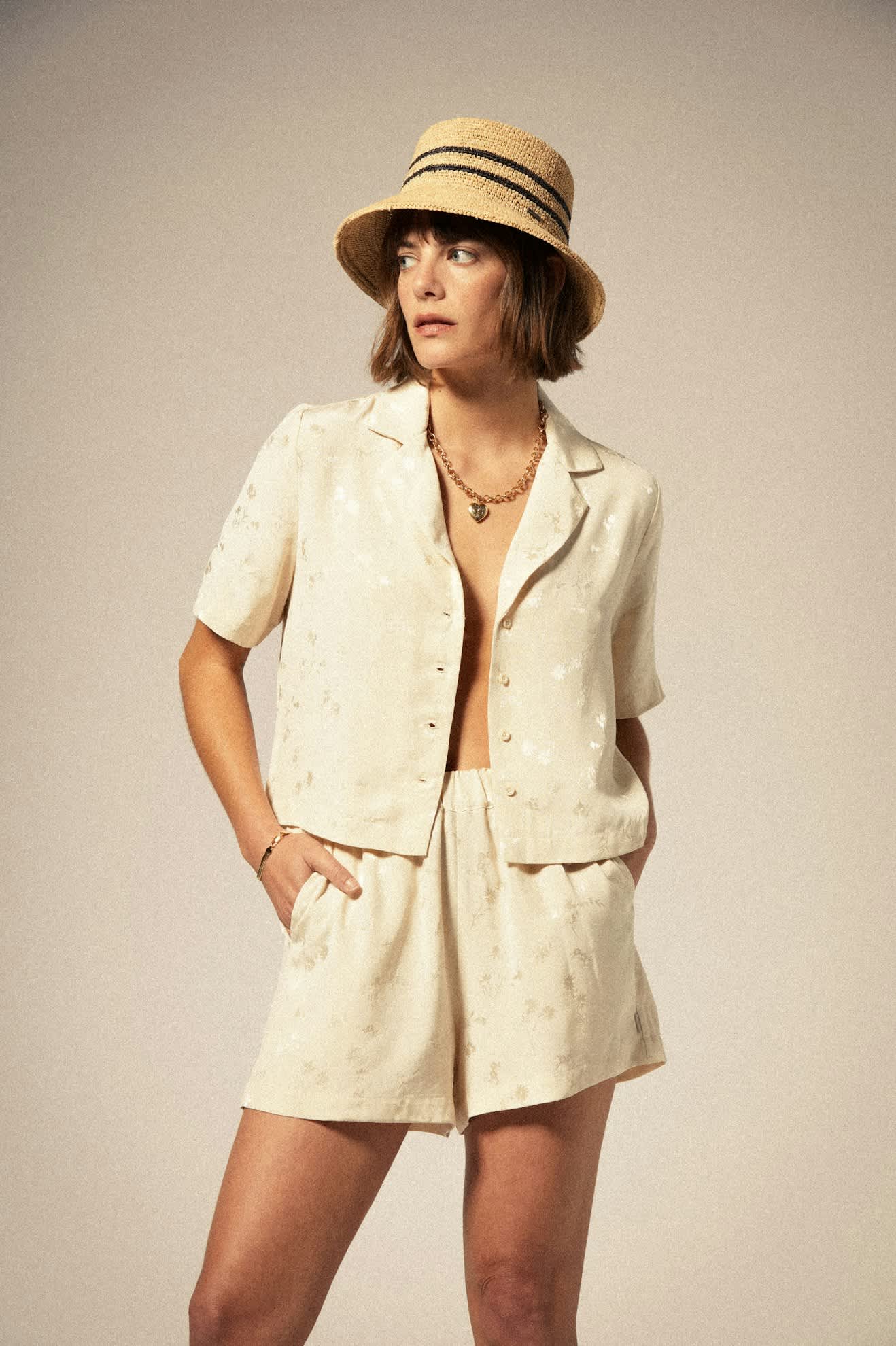 Women's Ellee Straw Bucket Hat in the color Tan/Black - Women's Front View