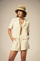 Women's Ellee Straw Bucket Hat in the color Tan/Black - Women's Front View