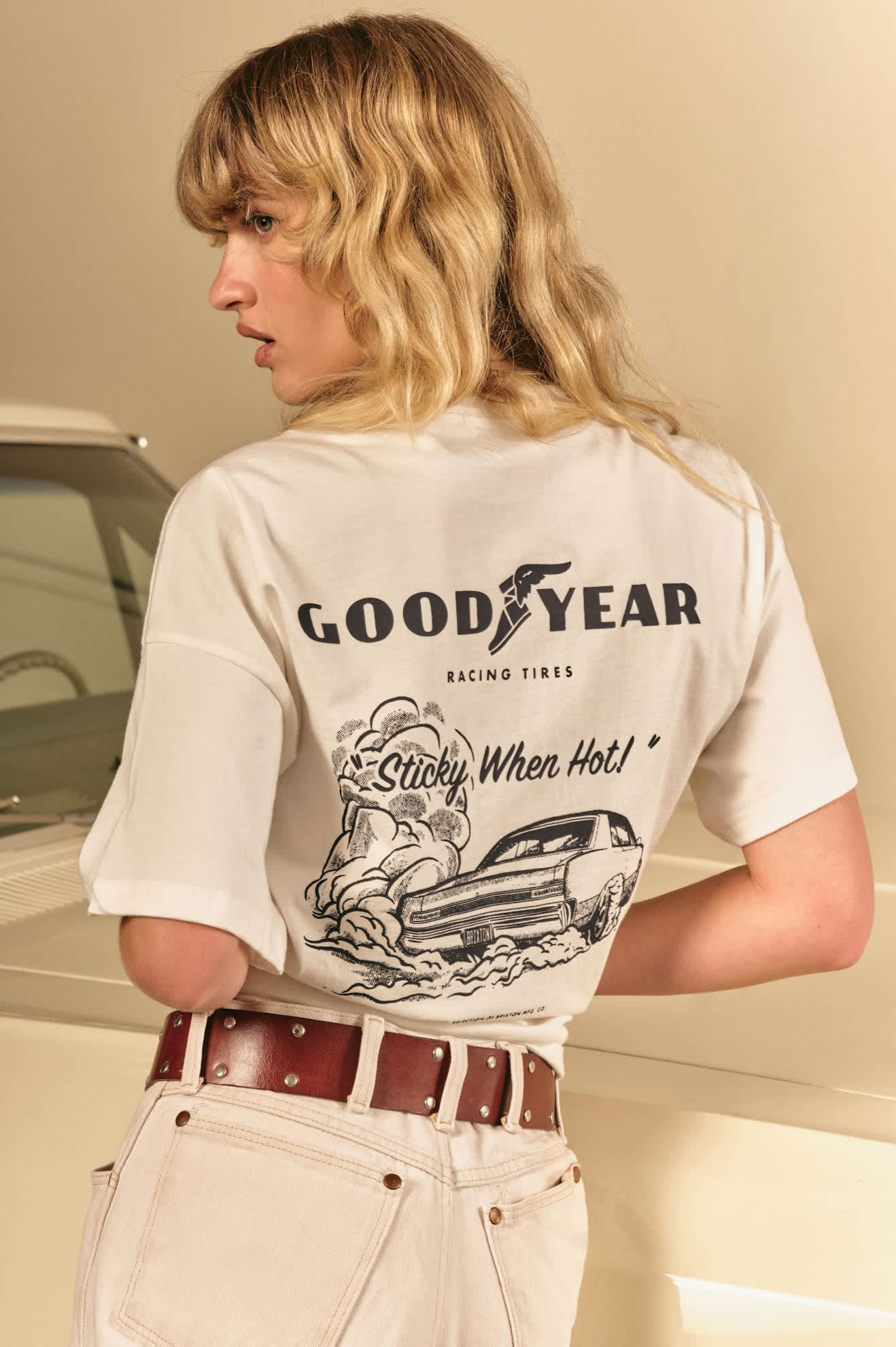 Women's Goodyear Burnout Boxy Crew T-Shirt in the color Off White - Women's Back View