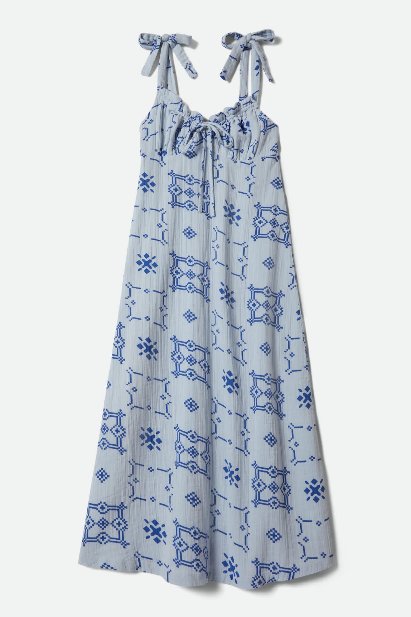 Women's The Tie Dress in the color Aura Blue Tile Print - Front Product View