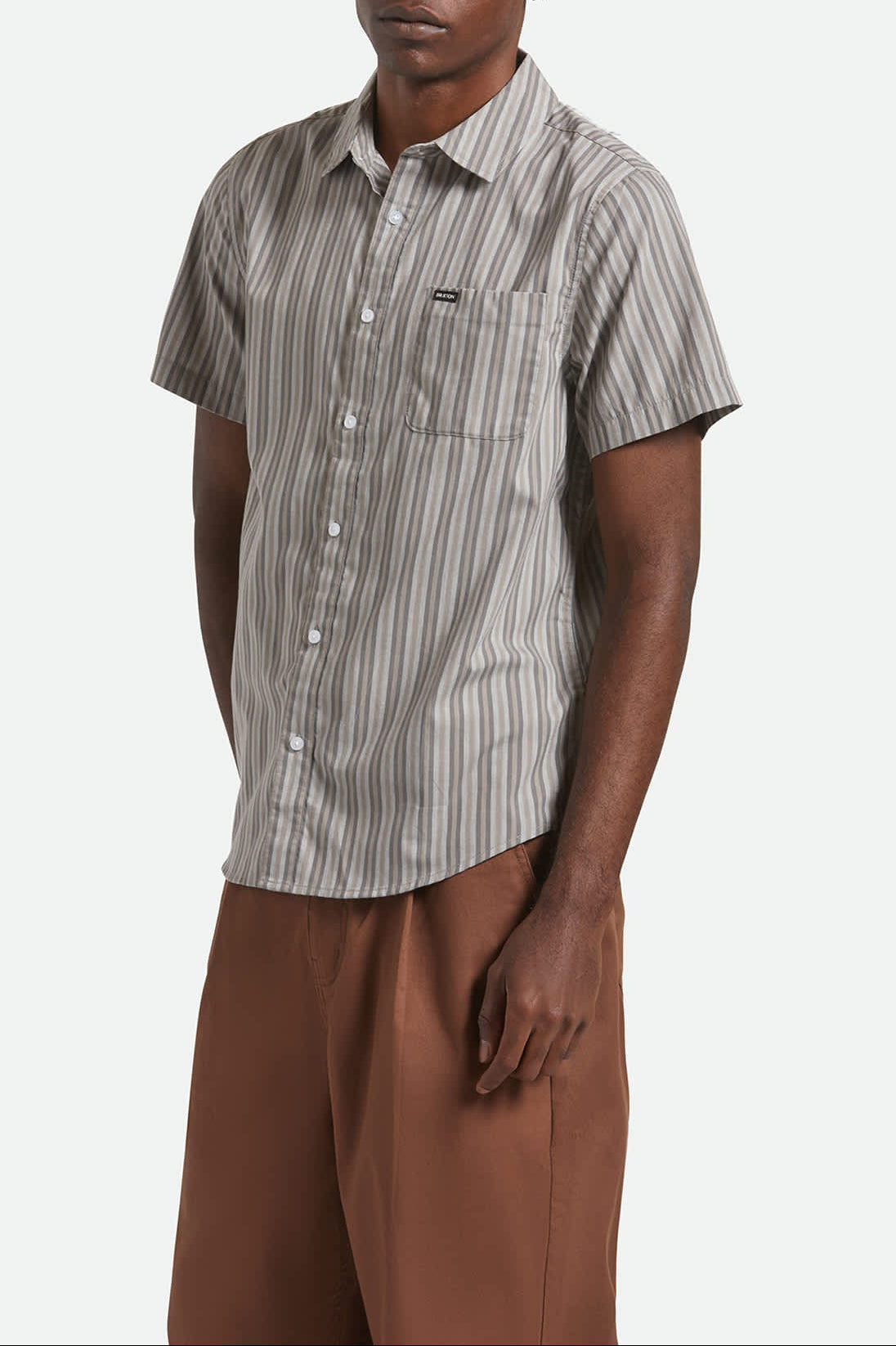 Men's Charter Stripe S/S Shirt in the color Charcoal/Grey - Men's Side View