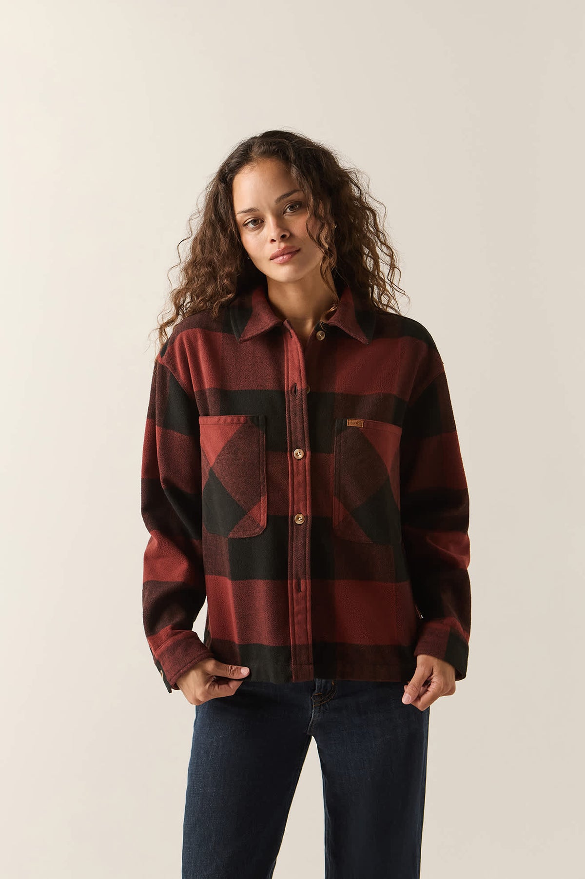 Women's Bowery Women's Soft Brushed Flannel in the color Dark Brick/Black - Women's Front Fit Image