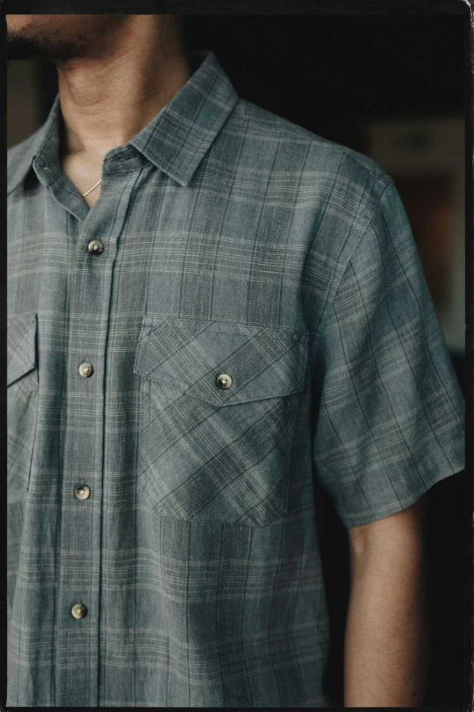 Men's Fit, Extra Shot | Memphis Linen Blend S/S Woven Shirt - Flint Stone Blue/Cinder Grey