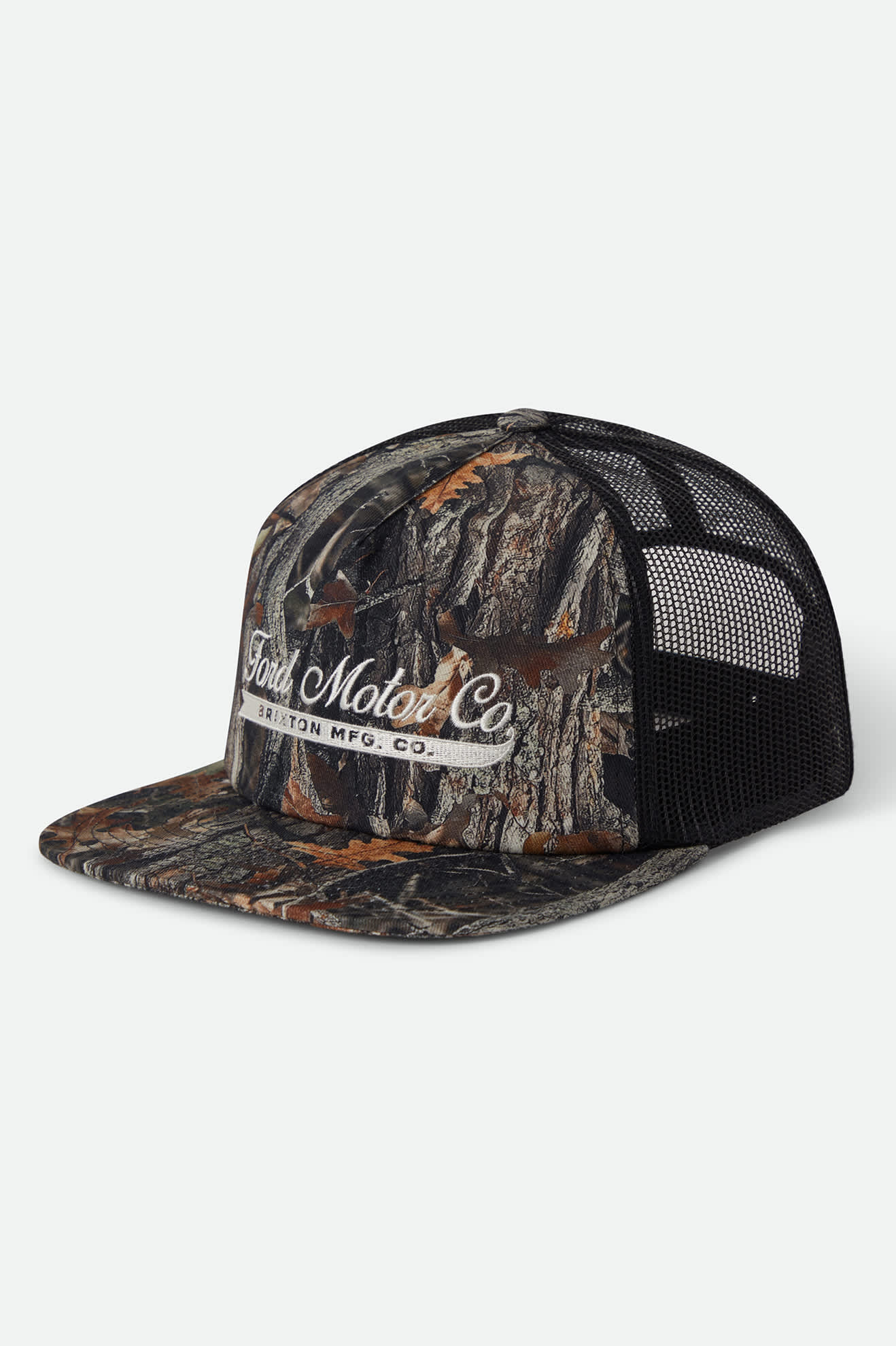 Unisex Ford X Brixton Trucker Hat in the color Boxwood Green - Front Product Laydown Image