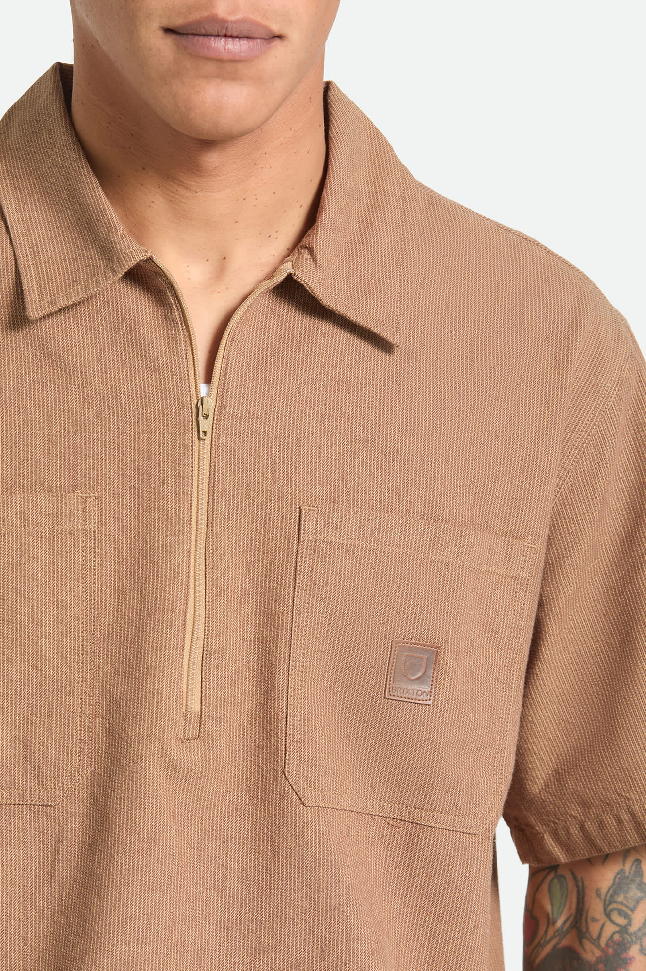 Men's Brakeman Half Zip Short Sleeve Shirt in the color Brown/Tan Stripe - Additional Fit image