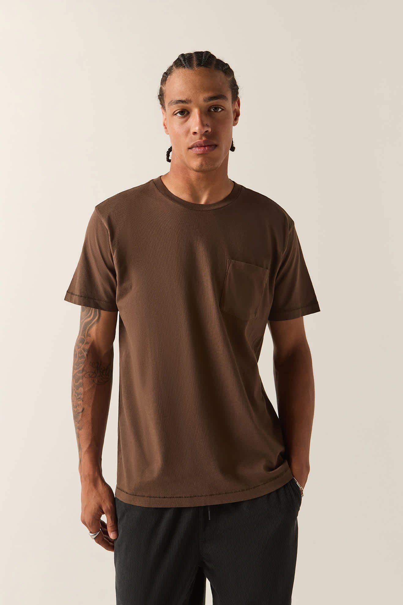 Men's Brixton Baseline Pocket T-Shirt in the color Walnut Brown Vintage Wash - Men's Front View